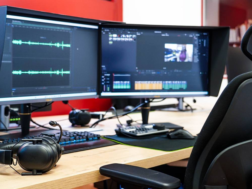 A sound editing suite with monitors and headphones