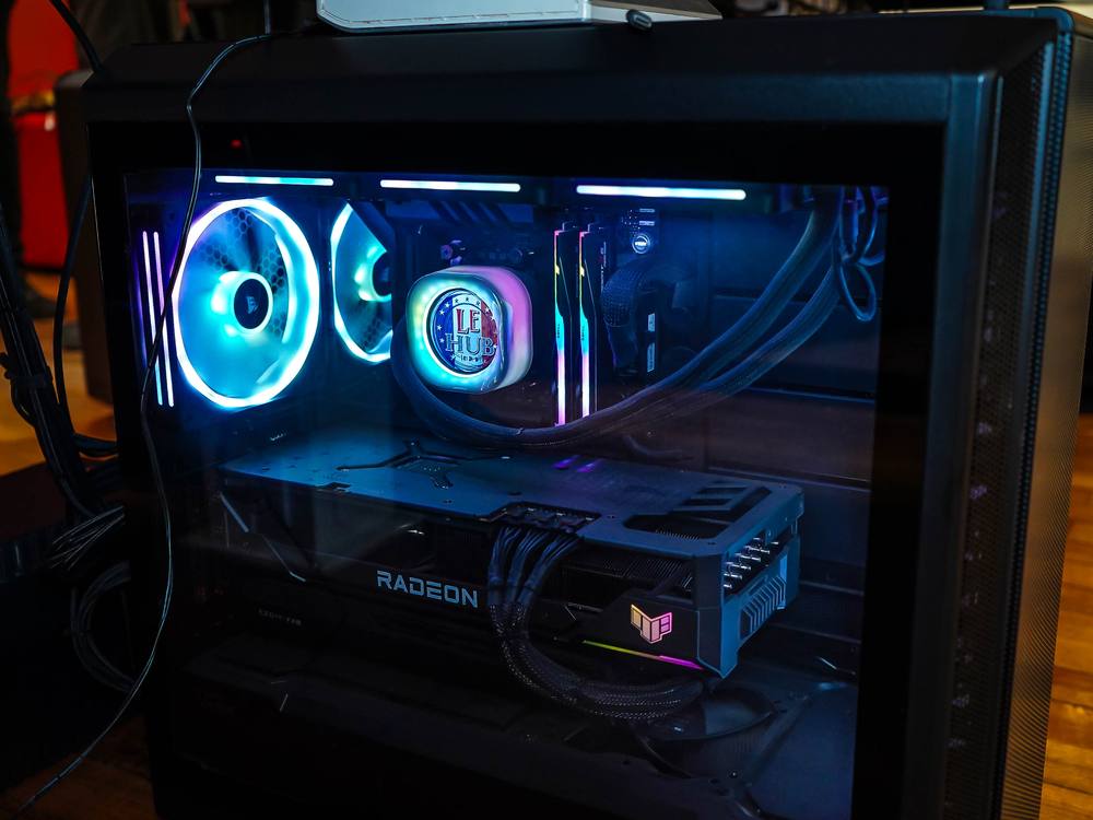 A high-performance workstation tower with visible cooling
